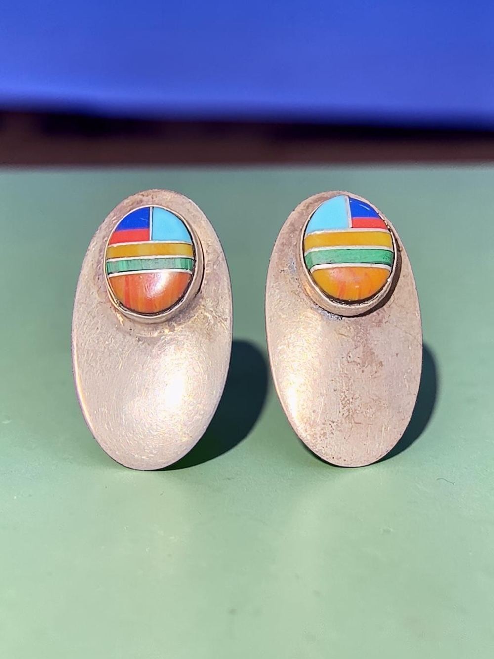 Vintage Multicolor Inlay Oval Sterling Silver Drop Earrings Southwest Style